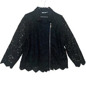 Susan Graver Lace Puff Shoulder Moto Jacket Black Plus Size 1X Full Zipper